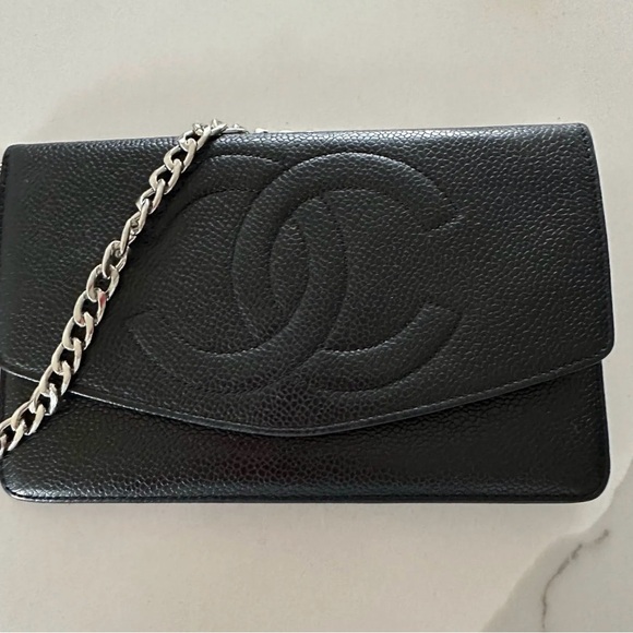 CHANEL Handbags - Authentic Chanel Black Wallet with  non branded Silver Chain